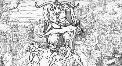 Representación de una escena de Sabbath montada por brujas presididas por satanás dando lugar a orgías (sabbath gathering) Dibujo de Henry de Malvost a partir de "Satanismo y magia" de Jules Bois 1895 Colección particular Â de Henry de Malvost