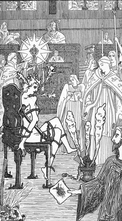 Representación de una ceremonia de exorcismo Dibujo de Henry de Malvost extraído de "Satanismo y magia" de Jules Bois 1895 Colección particular de Henry de Malvost