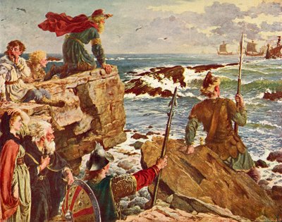 Los daneses navegando por el canal inglés c.877. De la Historia de Inglaterra de Cassell, publicada c.1901 de Herbert Alfred Bone
