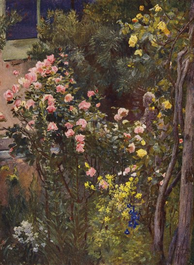 En un jardín de rosas, Catherine Mermet y Marechal Niel en su casa (litografía en color) de Herbert Arnould Olivier