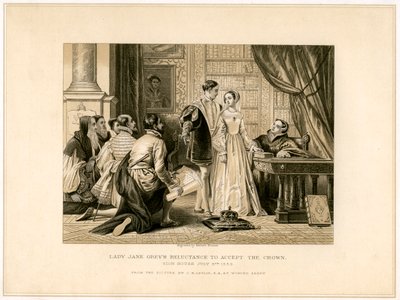 La reluctancia de Lady Jane Grey a aceptar la corona, siglo XIX de Herbert Bourne