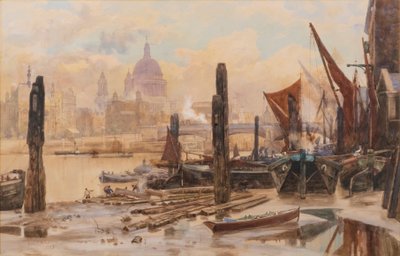 Barcazas del Támesis amarradas; St Pauls y Blackfriars Bridge a lo lejos de Herbert Menzies Marshall