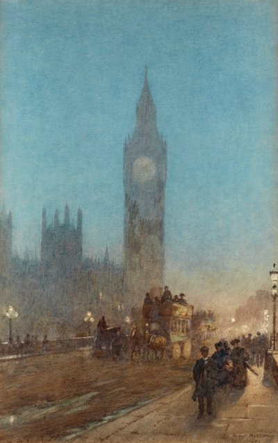 Crepúsculo en el puente de Westminster (acuarela y bodycolour) de Herbert Menzies Marshall