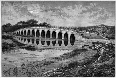 Puente con 17 arcos en el Lago Kunming en el Palacio de Ete cerca de Pekín en el siglo XIX. Grabado según un dibujo de Catenacci, según una fotografía de Thomson, en “Le Tour du Monde, Nouveau journal des Voyages”, editado por Edouard Charton, París de Hercule (after) Catenacci