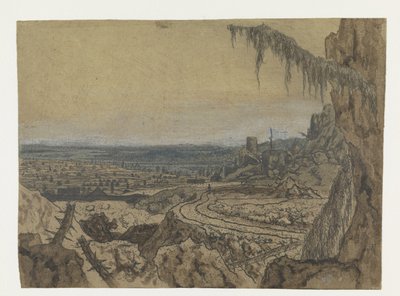 Vista lejana con una carretera y ramas cubiertas de musgo de Hercules Segers