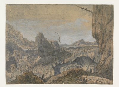 Paisaje rocoso con un hombre caminando hacia la derecha, primera versión
Paisaje rocoso con un hombre caminando hacia la derecha: Primera versión de Hercules Segers