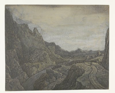 Paisaje rocoso con una carretera y un río de Hercules Segers