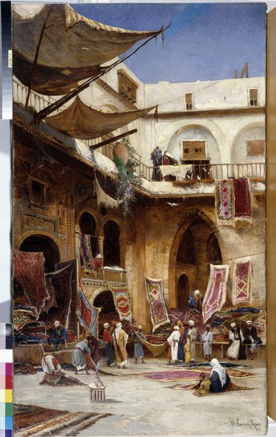 Comerciante de alfombras en las calles del distrito de Stamboul de Estambul. Turquía. Pintura de Herman David Salomon Corrodi (1844-1905) cm 110x81 Óleo sobre lienzo Mención obligatoria: Colección Fundación Saludos de Provenza Marsella de Herman David Salomon Corrodi