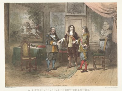 El príncipe Guillermo III reconcilia a Michiel de Ruyter y Cornelis Tromp, 1673 Willem III reconcilia a de Ruyter y Tromp (título sobre objeto) de Herman Frederik Carel ten Kate