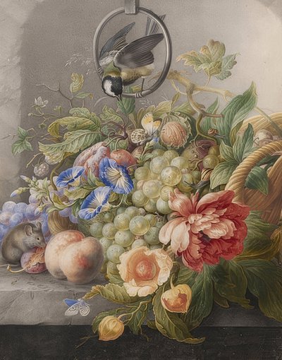Naturaleza muerta con flores, frutas, un carbonero y un ratón. Alrededor de 1700-10 de Herman Henstenburgh