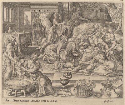 Nacimiento de Fares y Zara de Herman Jansz Muller after Maerten van Heemskerck