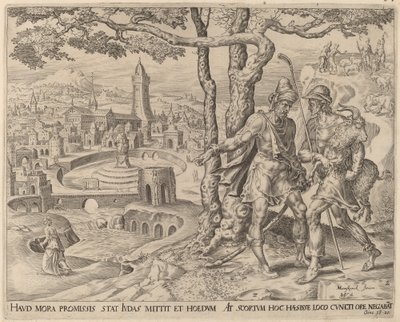 Hirah el adulamita con el cabrito de Herman Jansz Muller after Maerten van Heemskerck