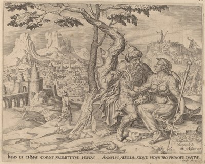 Judá dando a Tamar la prenda de Herman Jansz Muller after Maerten van Heemskerck