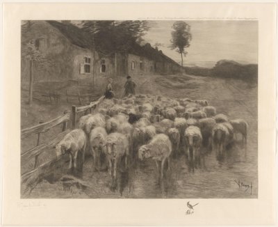 Pastor y una mujer con un rebaño de ovejas de Herman Johannes van der Weele (signed by artist)
