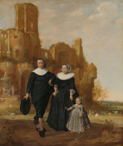 Retrato de una pareja con su hijo en un paisaje de Herman Meynderts Doncker