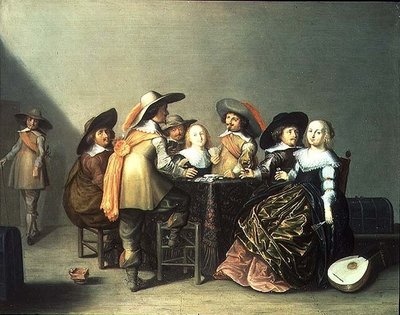 Interior con damas y caballeros jugando a las cartas de Herman Mijnerts Doncker