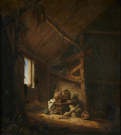 Interior de un granero con luz que entra por una ventana de Herman Saftleven