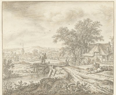 Paisaje de colinas con una granja cerca de un puente de Herman Saftleven