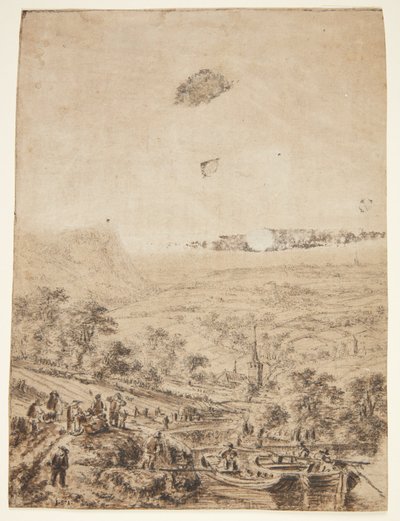 Paisaje panorámico con campesinos, pescadores y una iglesia de pueblo de Herman Saftleven
