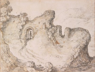 Paisaje rocoso con ruinas, formando el perfil de la cara de un hombre de Herman Saftleven