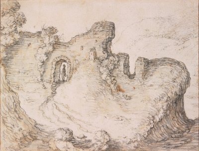 Paisaje rocoso con ruinas, formando el perfil de la cara de un hombre, c. 1650 de Herman Saftleven