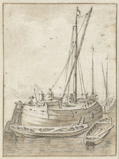 Barcaza con dos botes de remos de Herman Saftleven