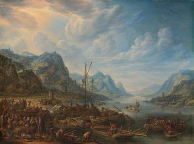 Vista de un río con amarres para barcos de Herman Saftleven