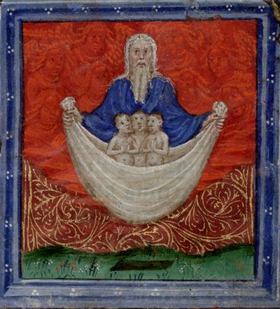 Dios Padre con tres almas, siendo resucitadas del Libro de Horas, c. 1410 de Herman Scheerre
