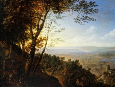 Un paisaje boscoso con campesinos junto a una cabaña de Herman the Younger Saftleven