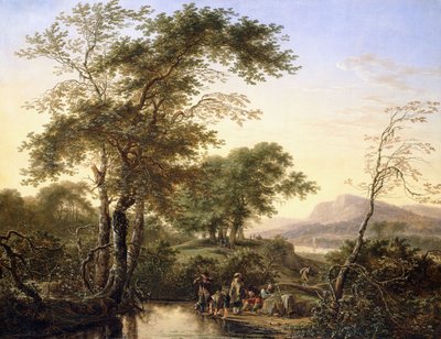 Un extenso paisaje fluvial italianizante con viajeros junto a un estanque, 1646 de Herman the Younger Saftleven