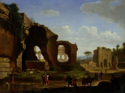 Vista de Roma con Venus y el templo romano y el Arco de Triunfo de Constantino. de Herman van Swanevelt