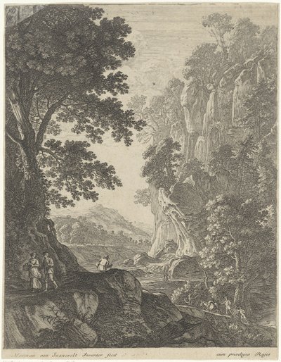 paisaje de montaña con cascada Paisajes (título de la serie) de Herman van Swanevelt