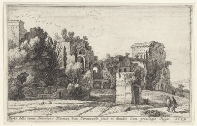 Vista de las Termas de Caracalla Parte delle terme Antoniano (título sobre objeto) Portada y doce vistas de Roma y sus alrededores (título de la serie) Diverse veuës dedans et dehors de Rome (título de la serie) de Herman van Swanevelt