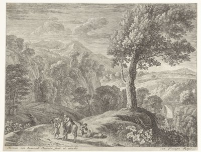 José ayuda a María a bajar del burro. Vuelo a Egipto (título de la serie) de Herman van Swanevelt