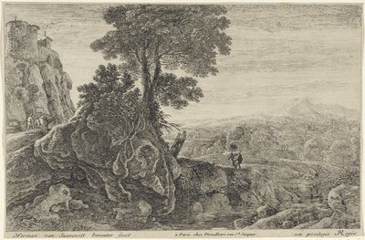 Paisaje con un edificio sobre una roca Doce paisajes (título de la serie) de Herman van Swanevelt