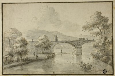 Río con puente arqueado y bote de Herman van Swanevelt