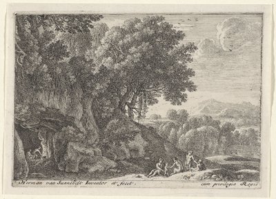 Sátiros alrededor del fuego en una cueva Paisajes con sátiros (título de serie) de Herman van Swanevelt