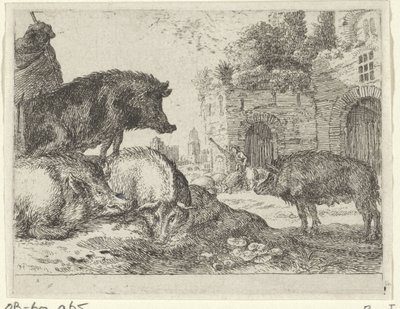cerdos Paisajes con animales (título de serie) de Herman van Swanevelt