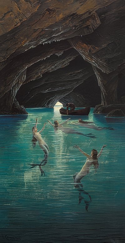 Un pescador y sirenas en la Gruta Azul en Capri de Hermann David Salomon Corrodi