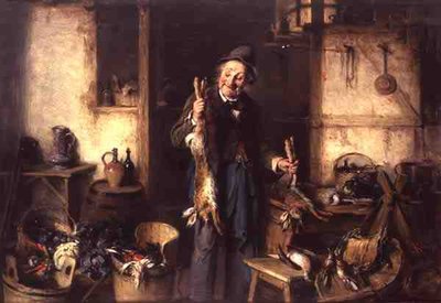 Interior de cocina con un hombre sosteniendo una liebre de Hermann Kern