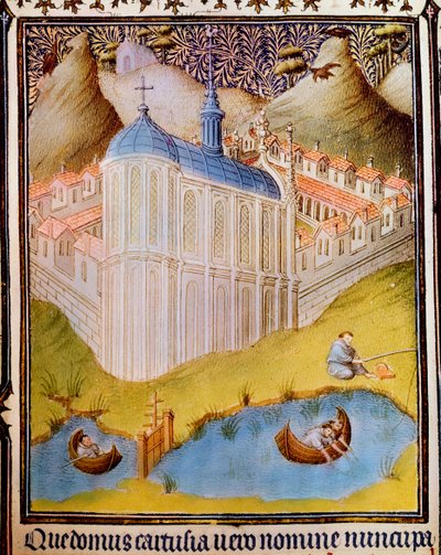 Monjes cartujos pescando en estanques en Chartreuse, Francia de Hermann Limbourg