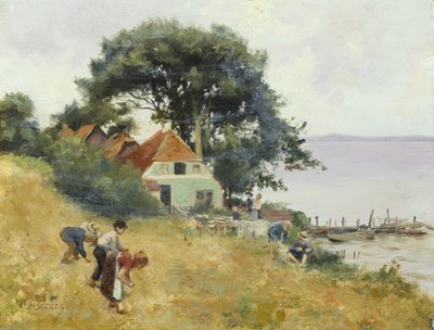 Niños recogiendo junto a un lago, c.1900-10 (óleo en panel) de Hermann Seeger