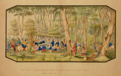 Sa-tan-ti dirigiéndose a los comisionados de paz en Council Grove, Medicine Lodge Creek, 1867 de Hermann Stieffel