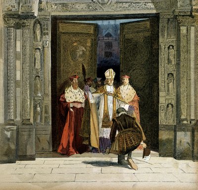 Abjuración de Enrique IV (1553-1610) en la abadía de Saint Denis en presencia del arzobispo de Bourges, Renaud de Beaune (1527-1606). El rey abjuró del protestantismo el 25 de julio de 1593. Ilustración de Hermann Vogel (1856-1918) en “Henri IV” de Hermann Vogel