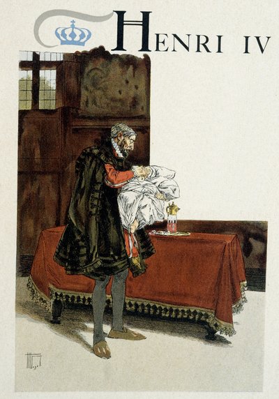 Nacimiento de Enrique IV, su abuelo Enrique II de Navarra sosteniendo al recién nacido le frota los labios con un diente de ajo. Ilustración de Hermann Vogel en “Henri IV” de Hermann Vogel