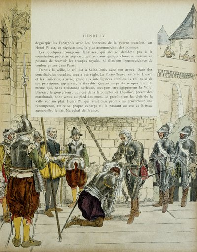 Carlos II de Cossé Brissac (Cossé-Brissac) (1562-1621 o 1626) nombrado mariscal de Francia por Enrique IV (1553-1610) antes de entrar en París el 22 de marzo de 1594. El preboste de los comerciantes Jean Lhuillier (?) a su lado sostiene las llaves de la ci de Hermann Vogel