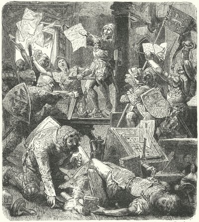 Destrucción de la imprenta de Peter Schoffer durante el ataque a Maguncia de los soldados de Adolfo II de Nassau. de Hermann Vogel
