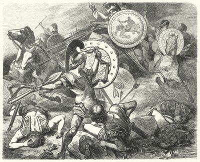 Epaminondas salvando la vida de Pelópidas en la Batalla de Mantinea, 385 a.C. de Hermann Vogel