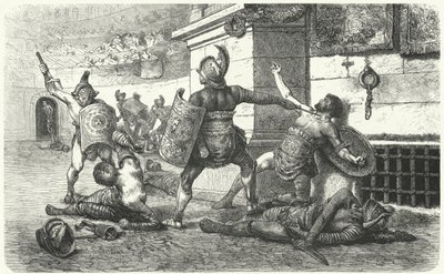 Gladiadores luchando en la arena en la Antigua Roma de Hermann Vogel