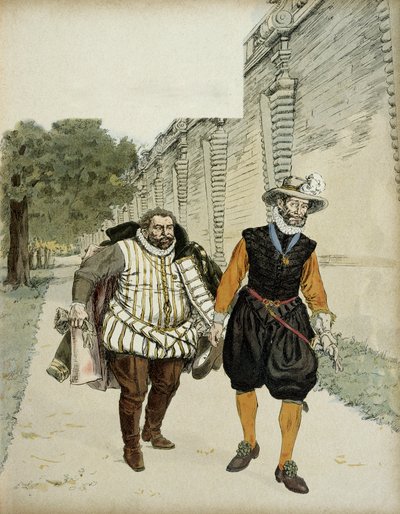 Enrique IV (1553-1610) y Carlos de Lorena, Duque de Mayenne (1554-1611). Primera entrevista reconciliatoria entre los dos enemigos, Mayenne, líder de los ligueros y el rey, en los jardines del Castillo de Montceaux, en la Brie, en 1596. Ilustración de Hermann Vogel